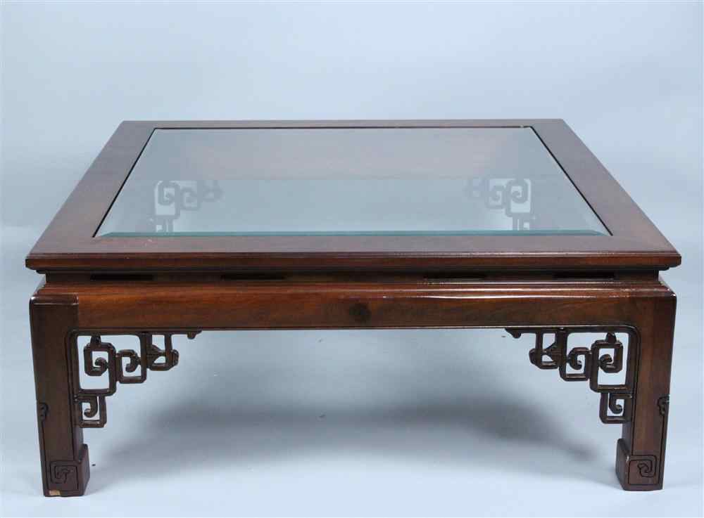 Appraisal: CHINESE STYLE WOOD AND GLASS COFFEE TABLE the square top