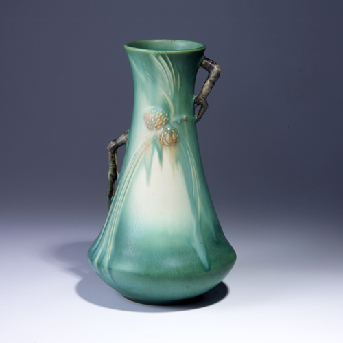 Appraisal: ROSEVILLE Green Pine Cone corseted vase - Impressed mark