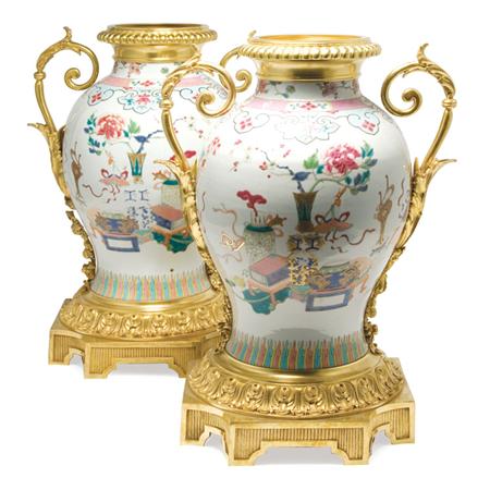 Appraisal: Pair of Louis XVI Style Gilt-Bronze Mounted Chinese Export Famille