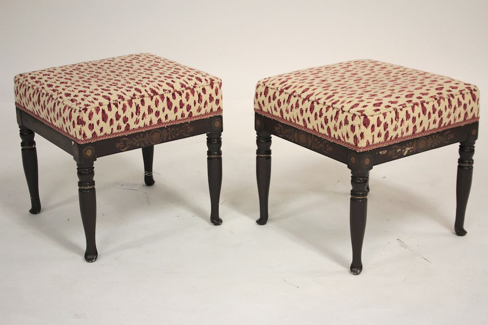 Appraisal: Pair Faux Grain painted Gilt Decorated Benches Low benches with