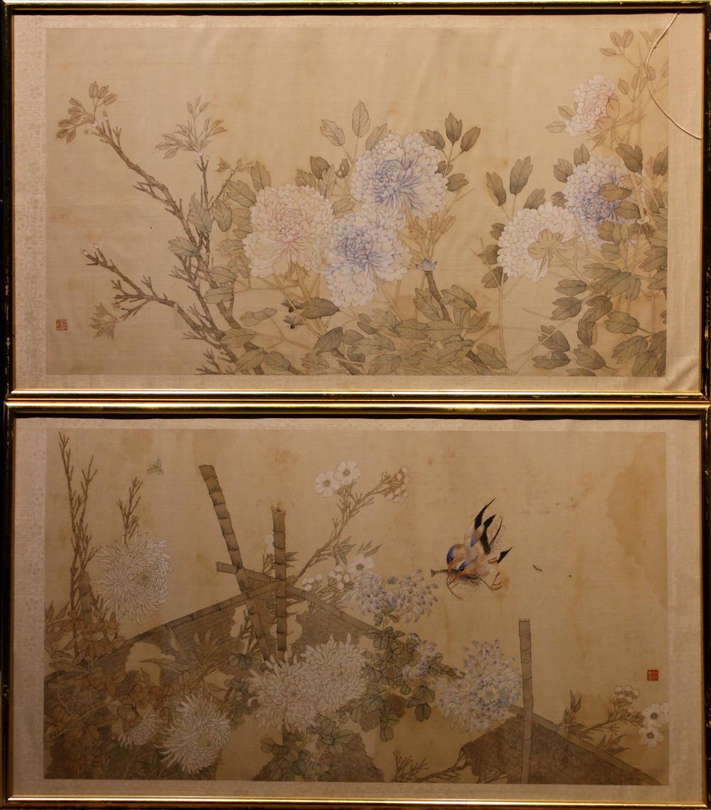 Appraisal: CHINESE SCHOOL PAIR OF CHRYSANTHEMUM PAINTINGS Ink on silk x