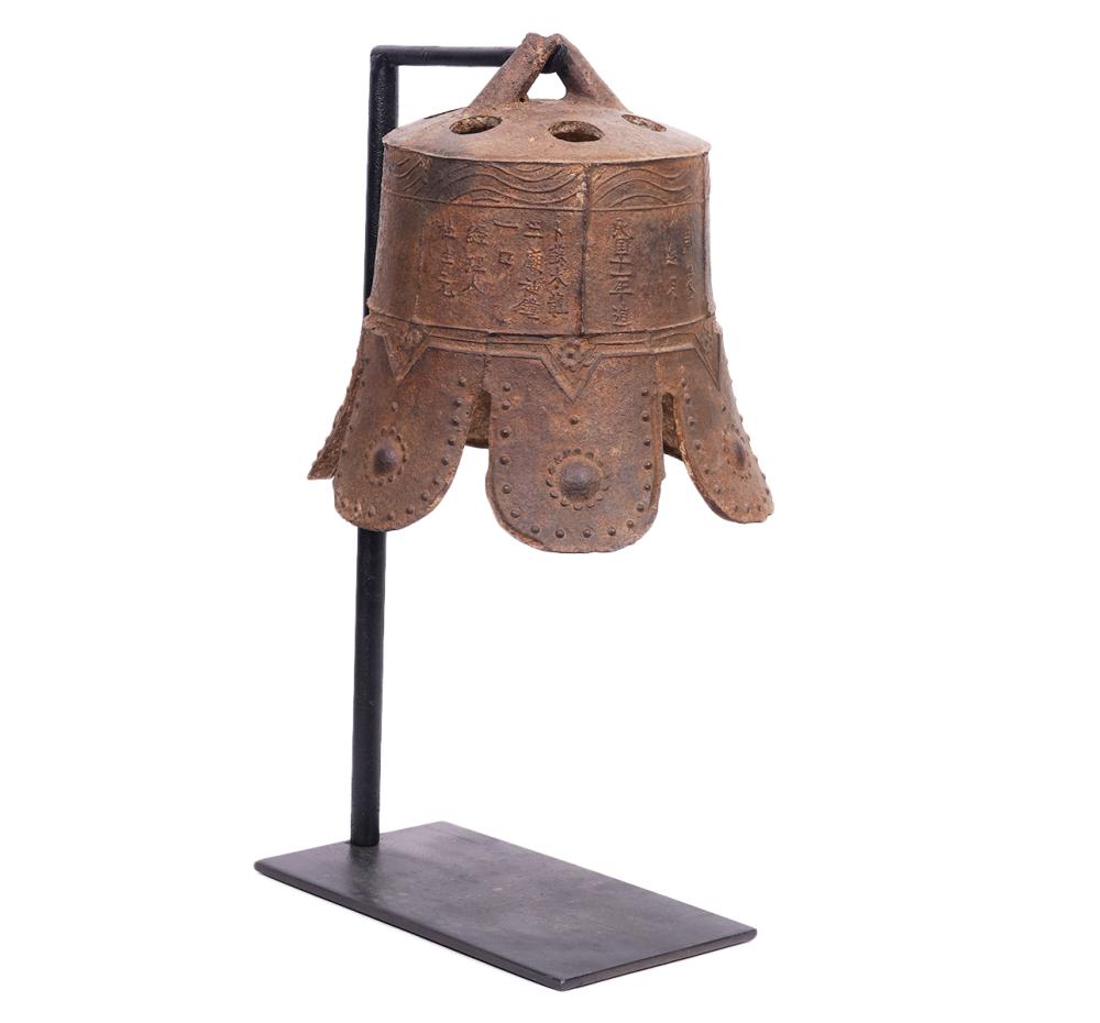 Appraisal: CHINESE IRON TEMPLE BELL ON STANDChinese iron temple bell decorated