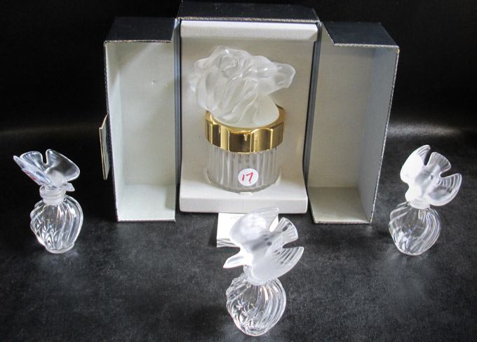 Appraisal: FOUR CRYSTAL LALIQUE FRAGRANCE BOTTLES including three stopped bottles with