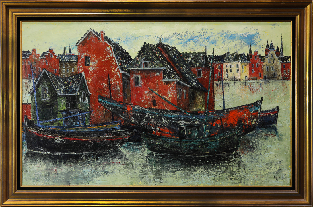 Appraisal: PAINTING PIERRE NOLOT Pierre Nolot French b Modernist Harbor Scene