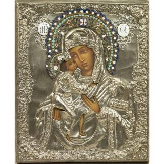 Appraisal: Russian Icon Russian icon depicting Virgin Mary with enamel halo