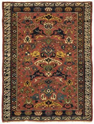 Appraisal: Sumac rug winglike designs on brick red field ivory major