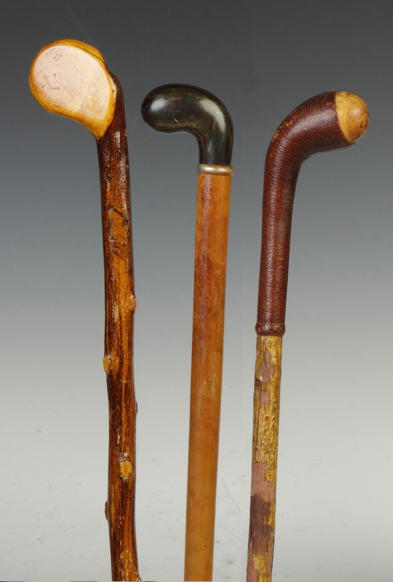 Appraisal: Group of Three Golf Club Shaped Canes Carved wood horn