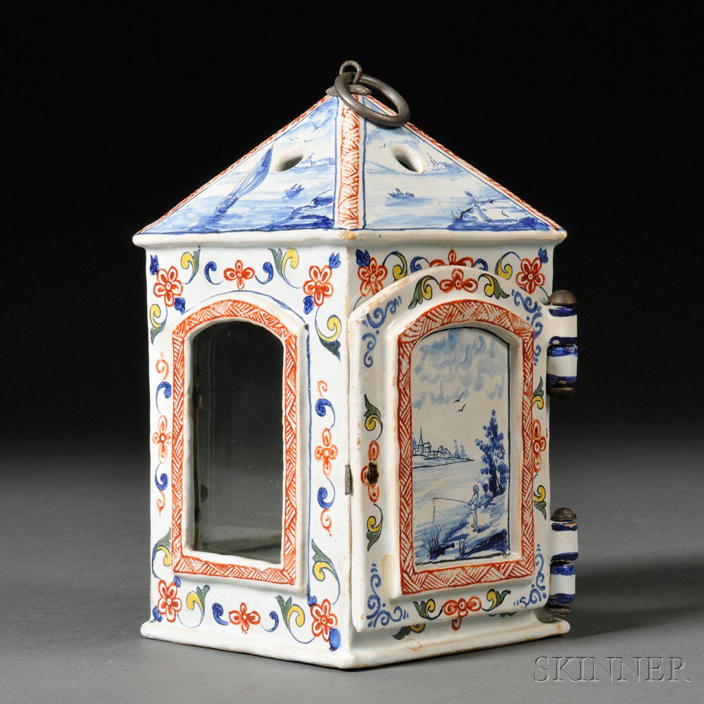 Appraisal: Delft Faience-glazed Ceramic Candle Lantern th century pewter hanging ring