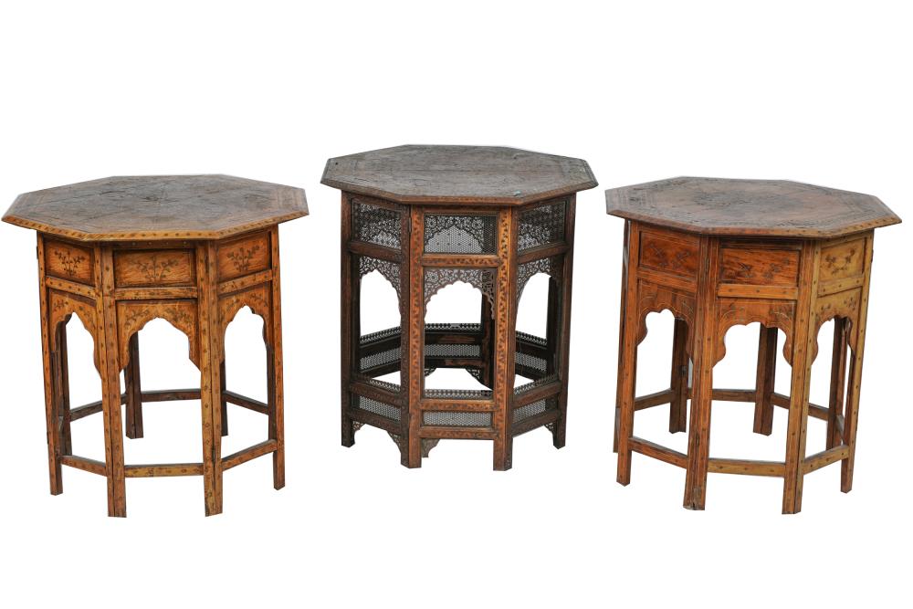 Appraisal: THREE MOROCCAN GILT METAL-INLAID TABORETSeach with octagonal top one with