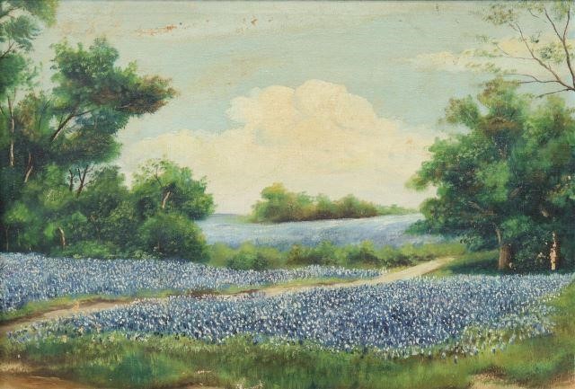 Appraisal: Framed oil on canvas painting Field of Bluebonnets paint loss