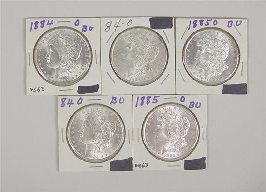 Appraisal: Five BU Morgan Dollars -O coins and -O coins Grade