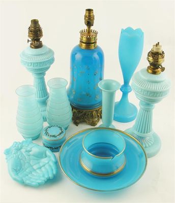 Appraisal: A collection of blue glass items including a lamp with