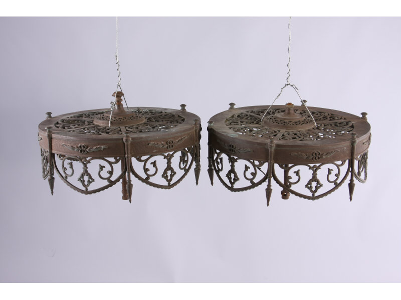 Appraisal: Pair of Antique Brass Ceiling Fixtures early th c unusual