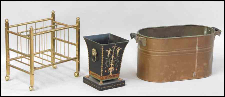 Appraisal: BRASS CANTERBURY RAISED ON CASTERS Together with a copper bucket