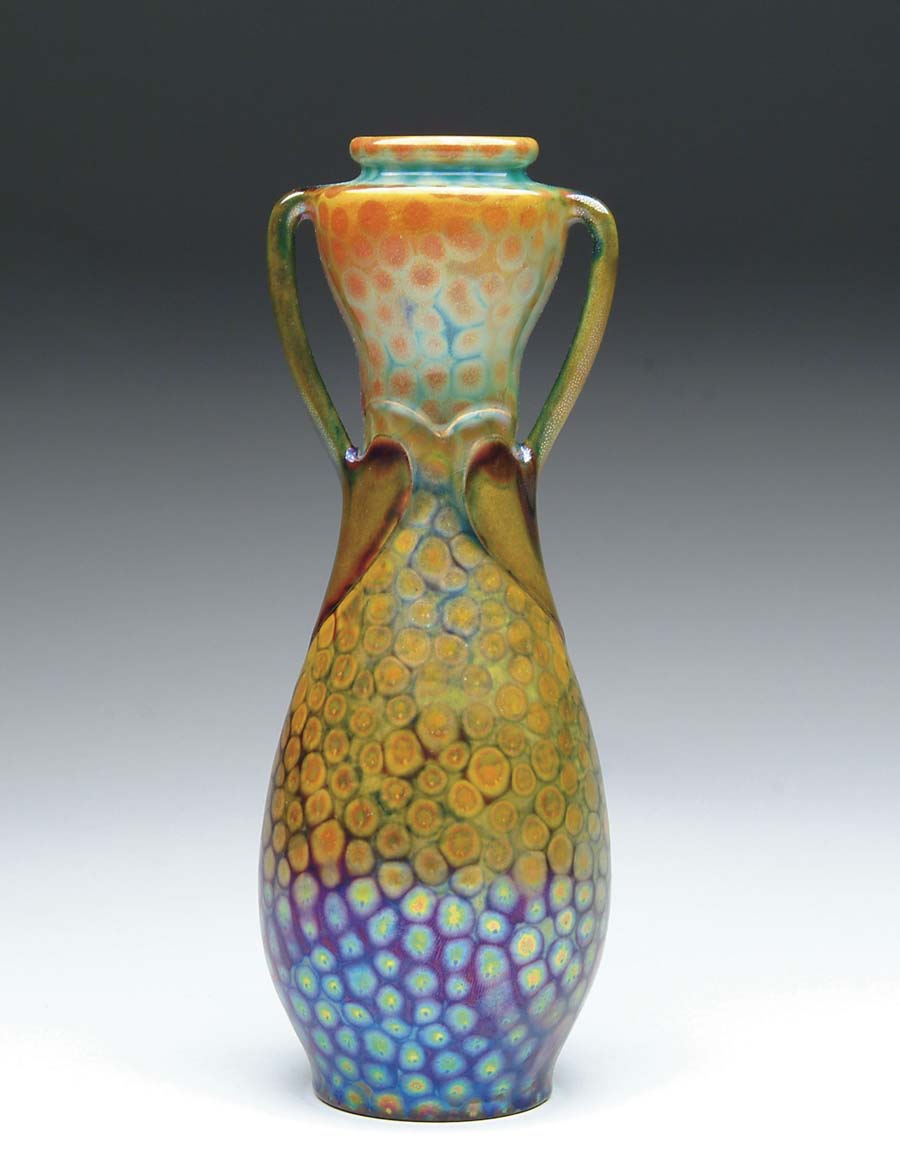 Appraisal: ZSOLNAY VASE Spectacular decorated Zsolnay vase has allover iridescent millifiori