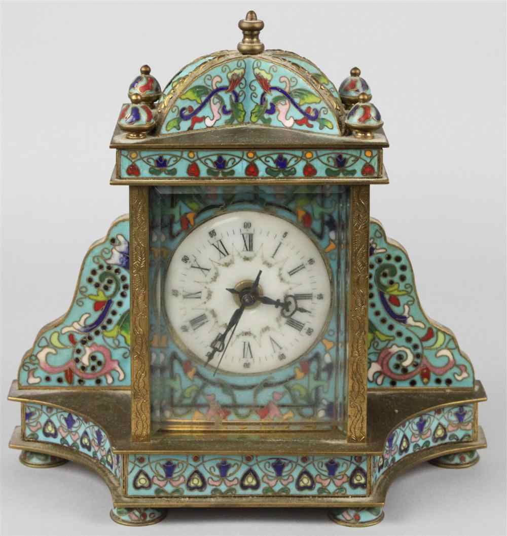 Appraisal: CONTINENTAL BRONZE AND ENAMEL TABLE CLOCK the rectangular clockface with