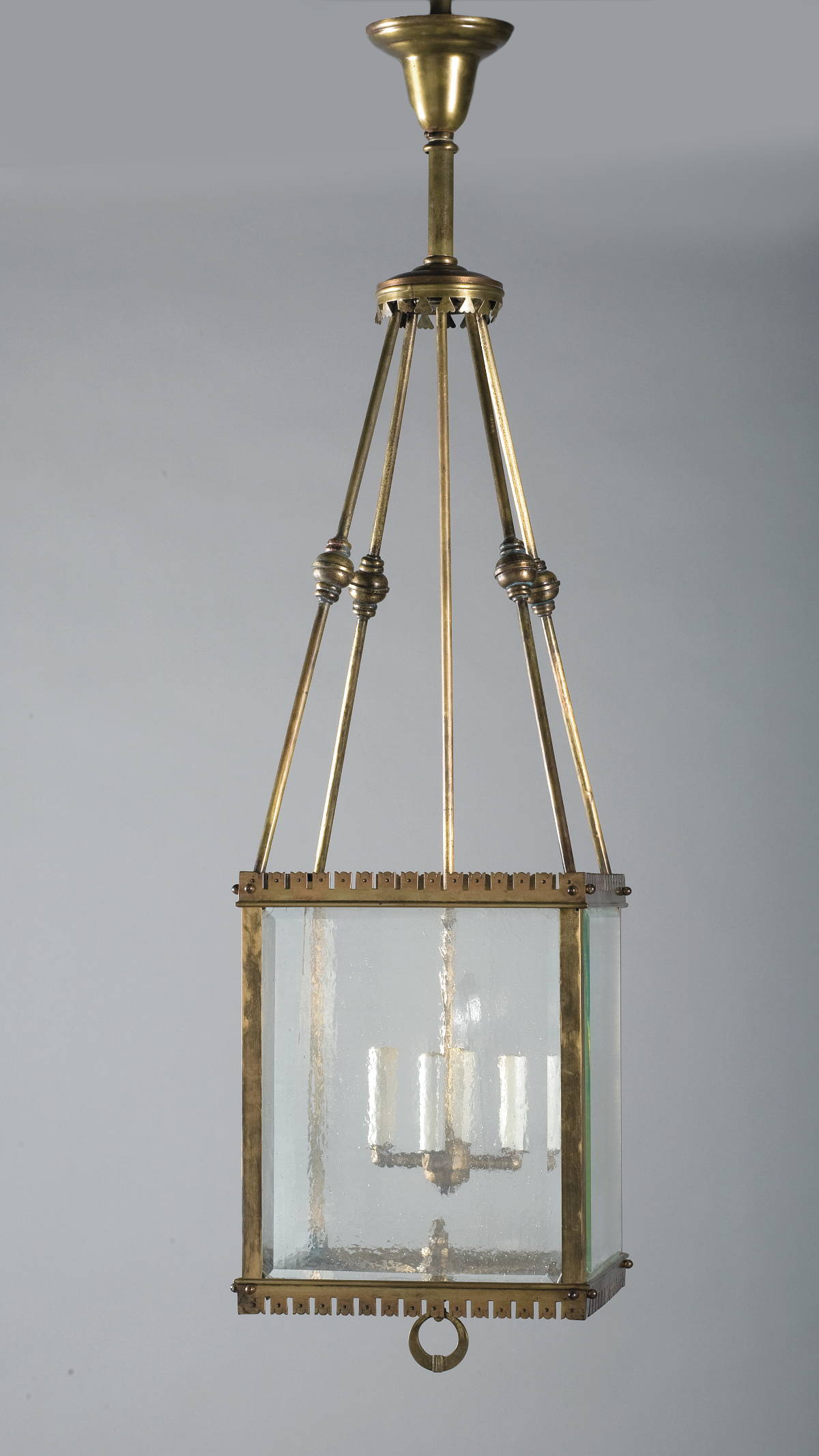 Appraisal: VICTORIAN BRASS AND GLASS SQUARE HANGING HALL LIGHT Now fitted