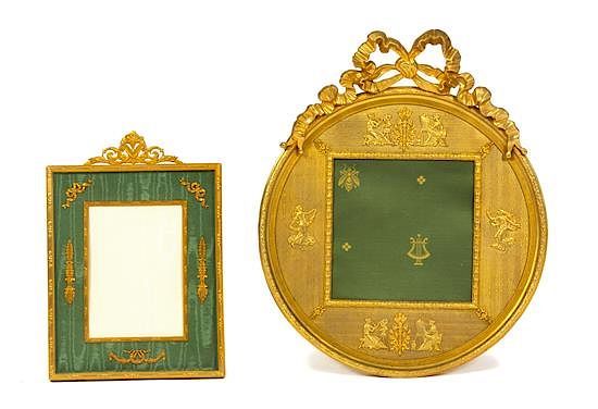 Appraisal: Two French Gilt Bronze and Green Moire Silk Easel Back