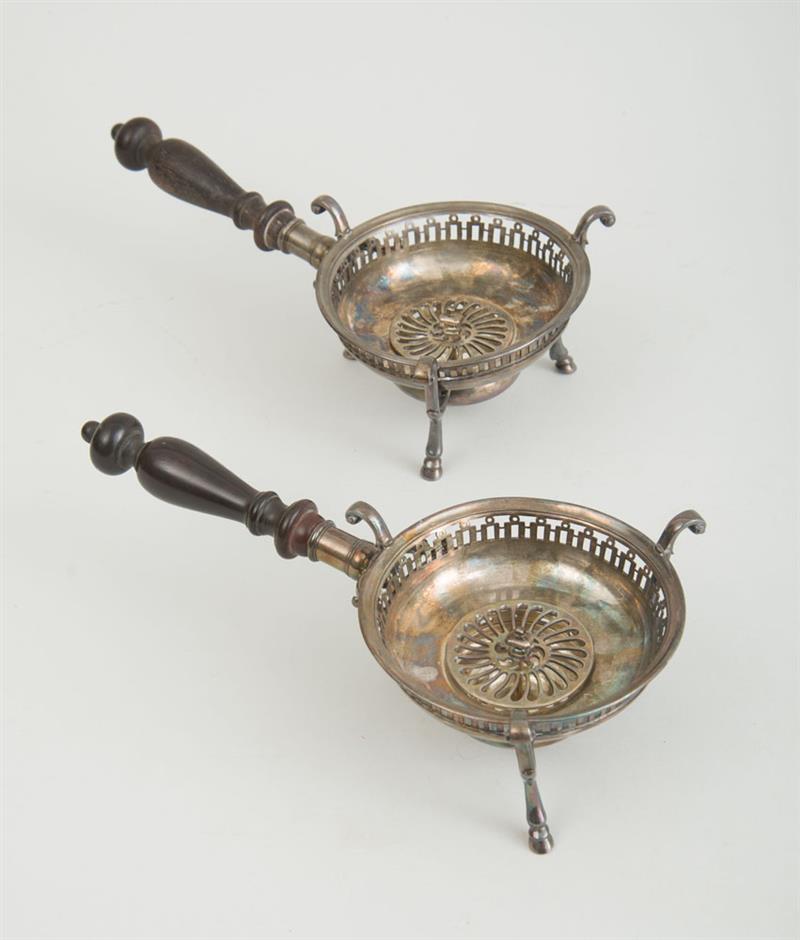 Appraisal: PAIR OF FEDERAL SILVER TRIPOD BRAZIERES With turned-wood handles each