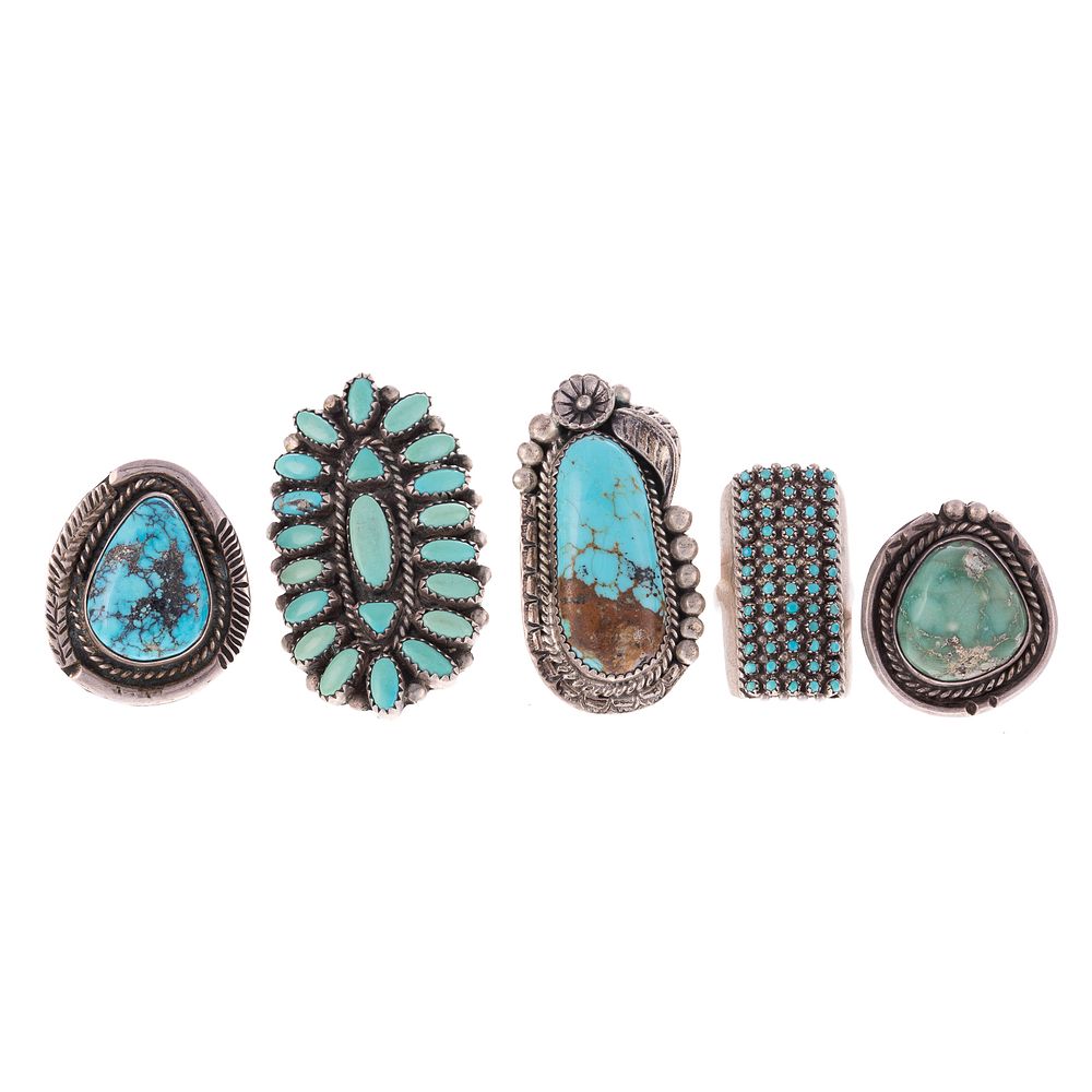 Appraisal: Five Silver Turquoise Native American Rings Including rectangular petit point