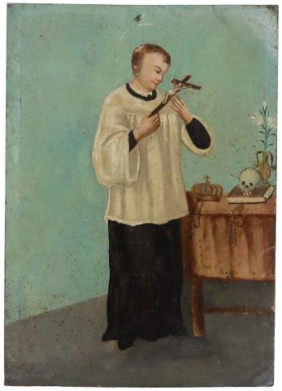 Appraisal: Unframed oil on tin retablo San Luis Gonzaga Saint Aloysius