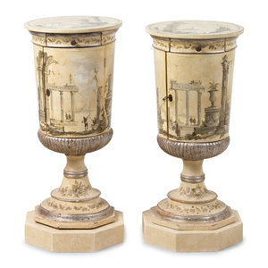 Appraisal: A Pair of English Painted Pedestal Cabinets with Grisaille Landscapes