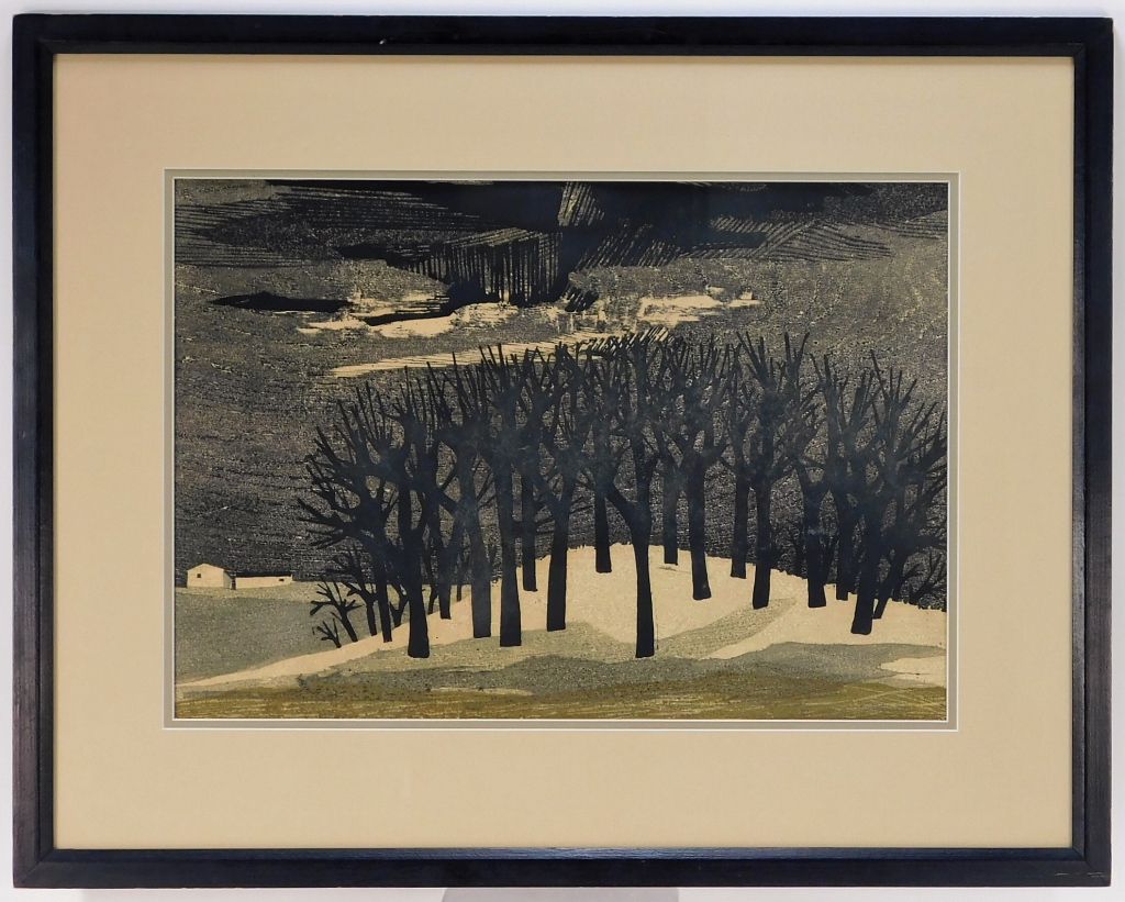 Appraisal: TAMAMI SHIMA WINTER FOREST WOODBLOCK PRINT Japan - Monochromatic landscape