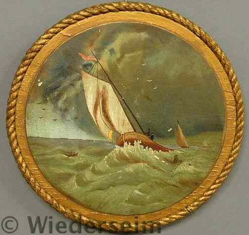 Appraisal: Round oil on wood panel painting of an American sloop