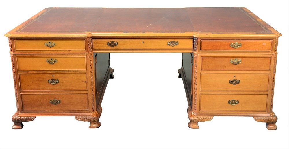 Appraisal: Chippendale Style Mahogany Partners Desk having red leather top one