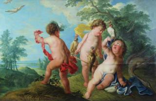 Appraisal: Large th C Oil on Canvas Putti with Birds i