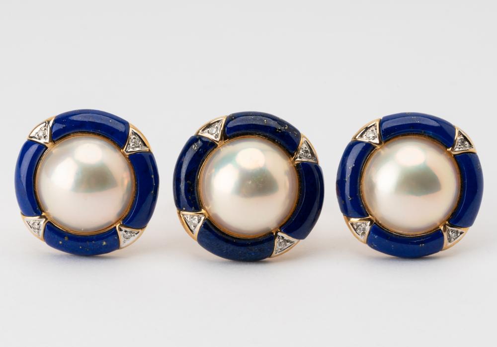 Appraisal: SUITE OF KARAT YELLOW GOLD LAPIS LAZULI MABE PEARL DIAMOND