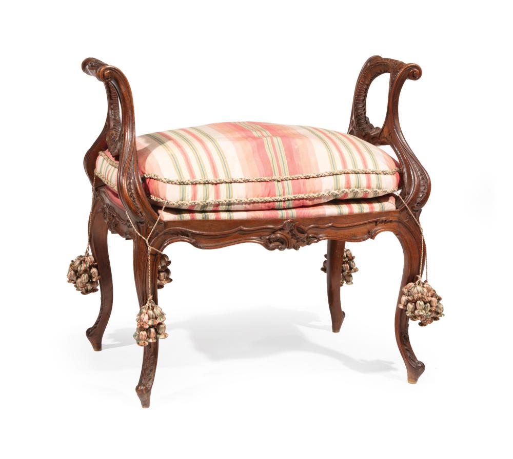 Appraisal: Louis XV-Style Carved Walnut Stool foliate scrolled handles acanthus seat