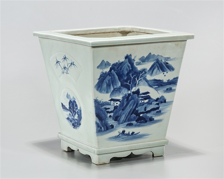 Appraisal: Chinese blue and white porcelain square form planter with bamboo