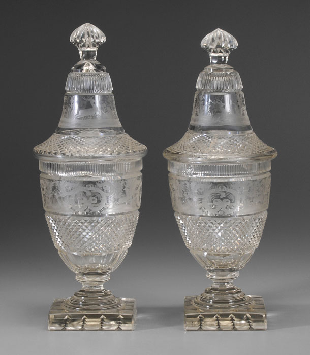 Appraisal: Pair Lidded Cut Crystal Urns British or Continental th century