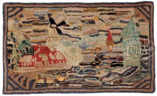 Appraisal: ANTIQUE SCENIC HOOKED RUG This rectangular multi-colored rug depicts a