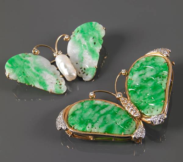 Appraisal: A collection of two jadeite jade cultured pearl and diamond