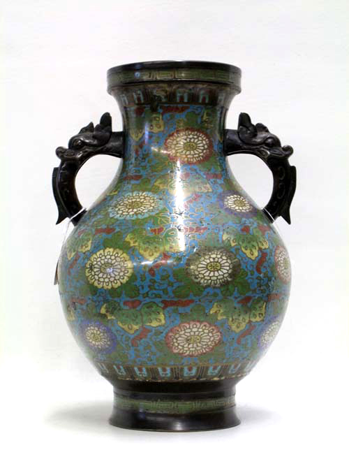 Appraisal: JAPANESE BRONZE CLOISONNE ENAMEL VASE double handled with dragon mask