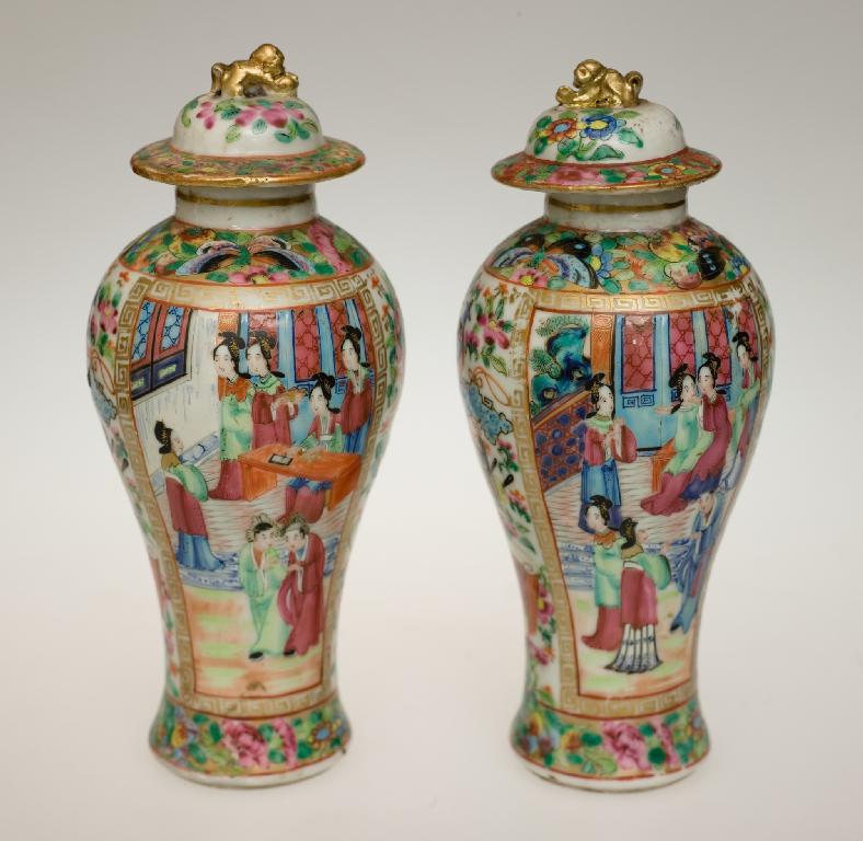 Appraisal: PAIR OF CANTON FAMILLE ROSE BALUSTER VASES AND COVERS th