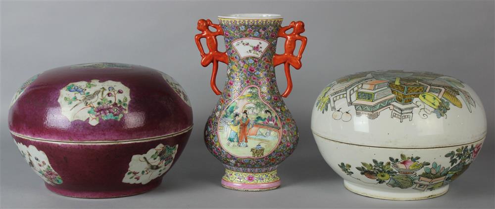 Appraisal: THREE FAMILLE ROSE PORCELAIN ITEMS including a flattened baluster vase