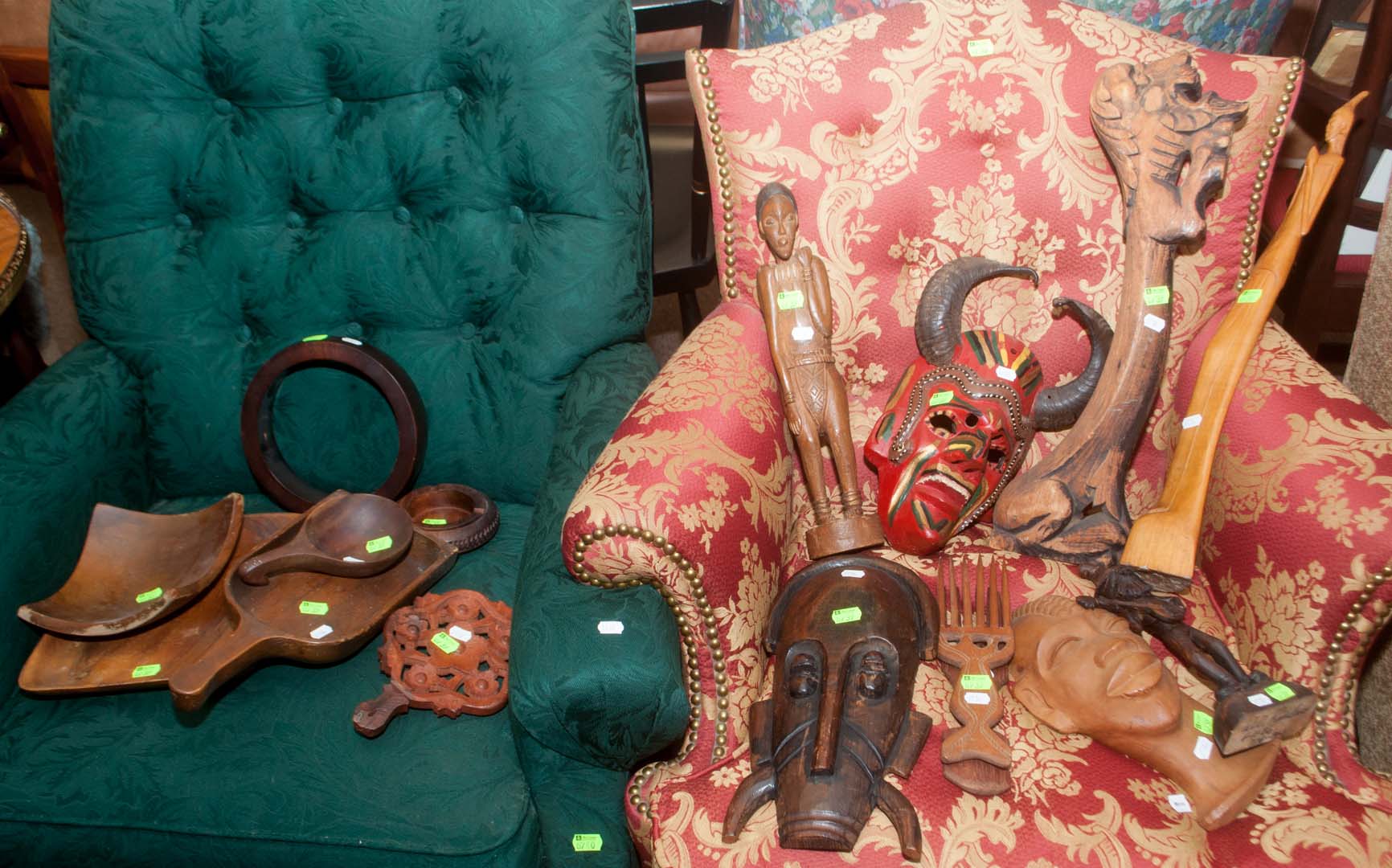 Appraisal: Assortment of carved wood items including African masks figures folk