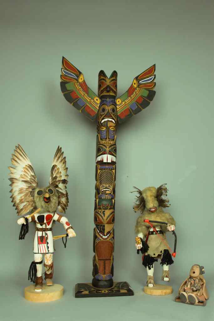 Appraisal: NATIVE AMERICAN TOTEM POLE TOGETHER WITH OWL KACHINA SQUIRREL KACHINA