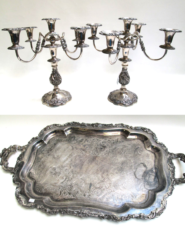 Appraisal: PAIR SILVER PLATED CANDELABRA AND SERVING TRAY three pieces the