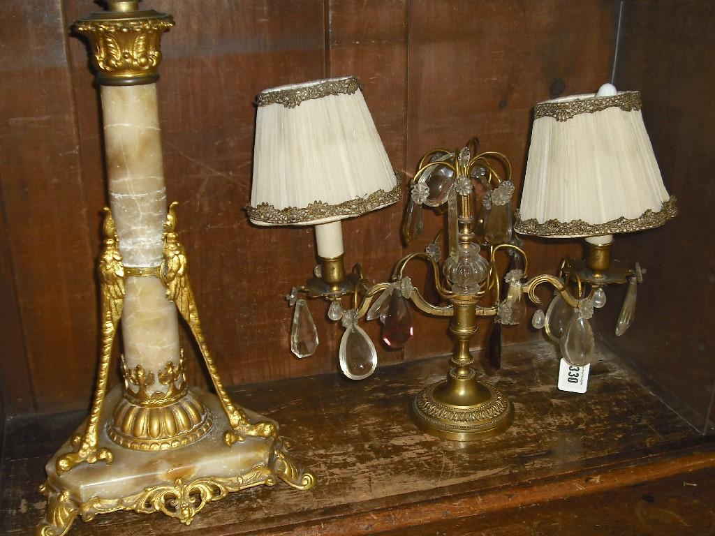 Appraisal: Decorative gilt metal twin branch table lamp with wirework scrolls