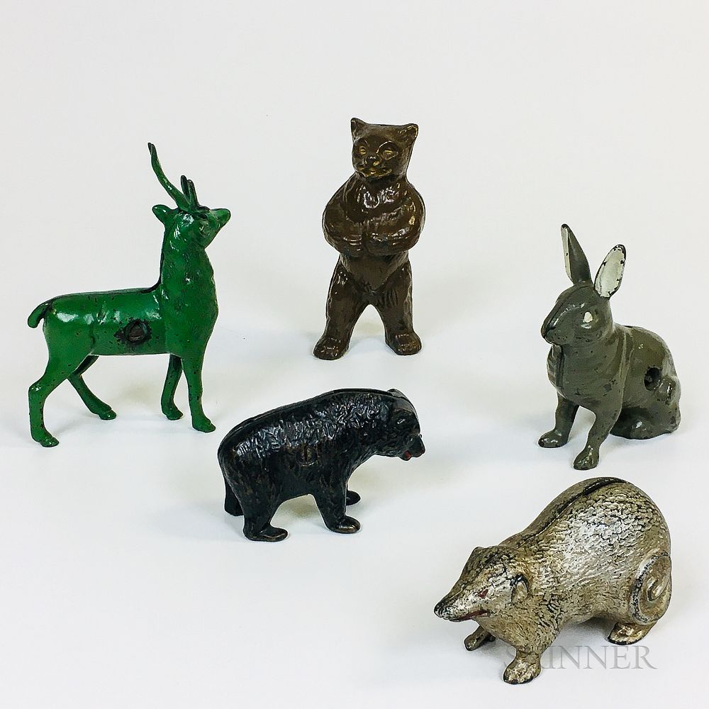 Appraisal: Five Polychrome Cast Iron Animal-form Still Banks Five Polychrome Cast