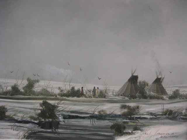 Appraisal: Thomas A de Decker Oil indian encampment in winter ''Snoqualanie