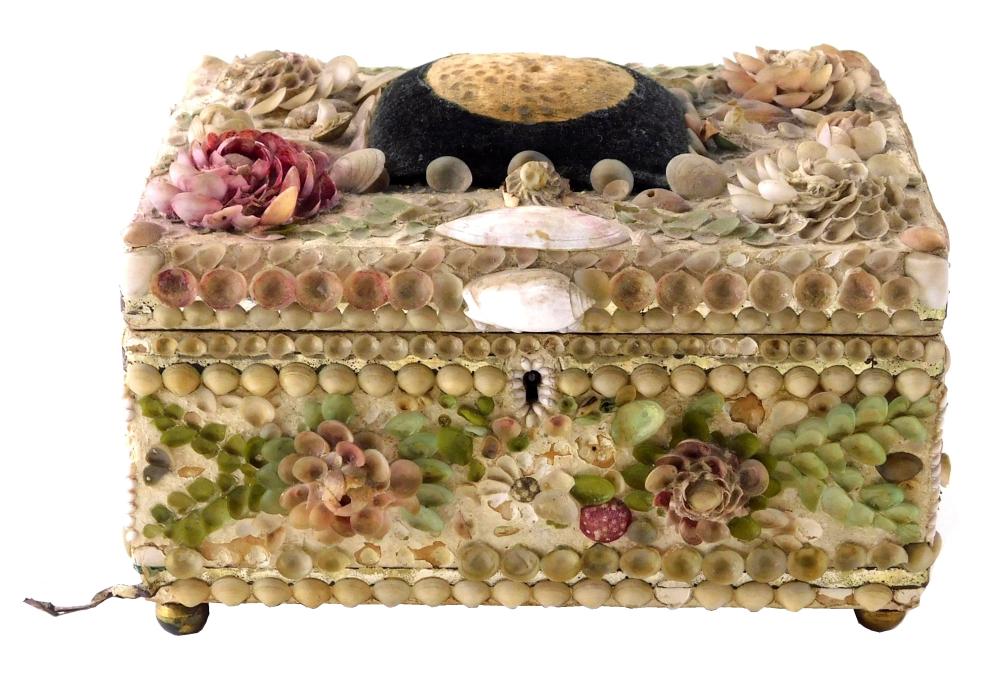 Appraisal: Shell decorated sewing box late th C hinged lid has