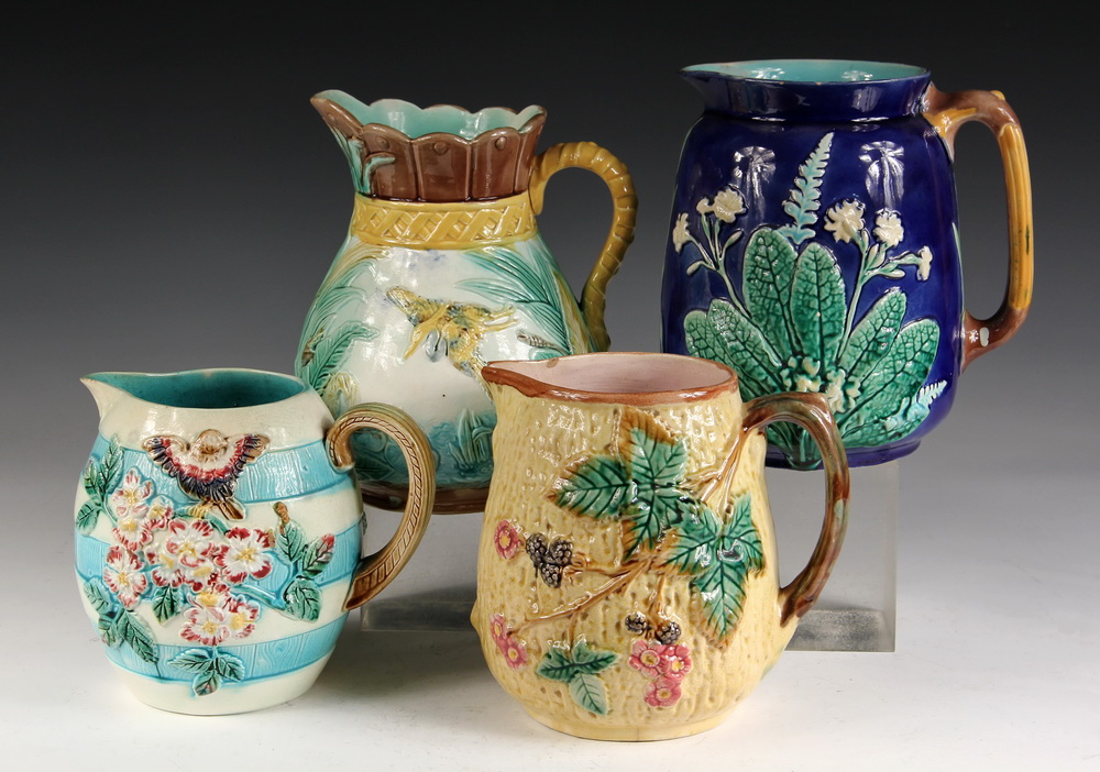 Appraisal: MAJOLICA PITCHERS - Including Wedgwood Floral Pattern Cranes in Flight