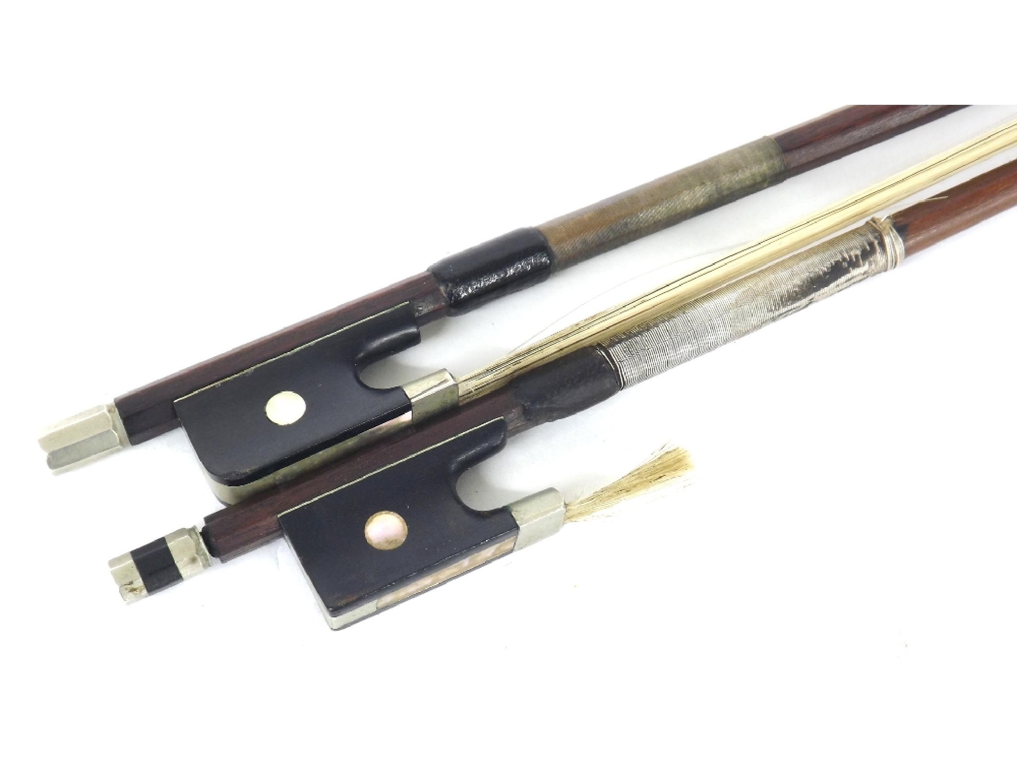 Appraisal: Nickel mounted violin bow stamped Charles Bazin also another nickel