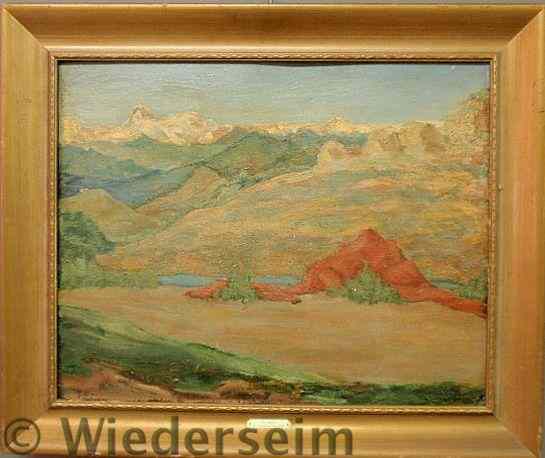 Appraisal: Oil on artist board landscape painting titled The Red Hills