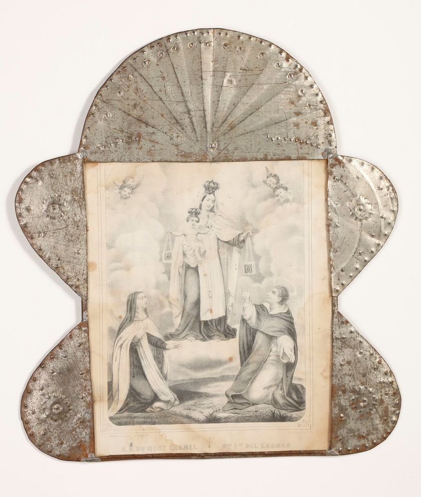 Appraisal: Two Tin Frames with Devotional Prints Attributed to Isleta Tinsmith